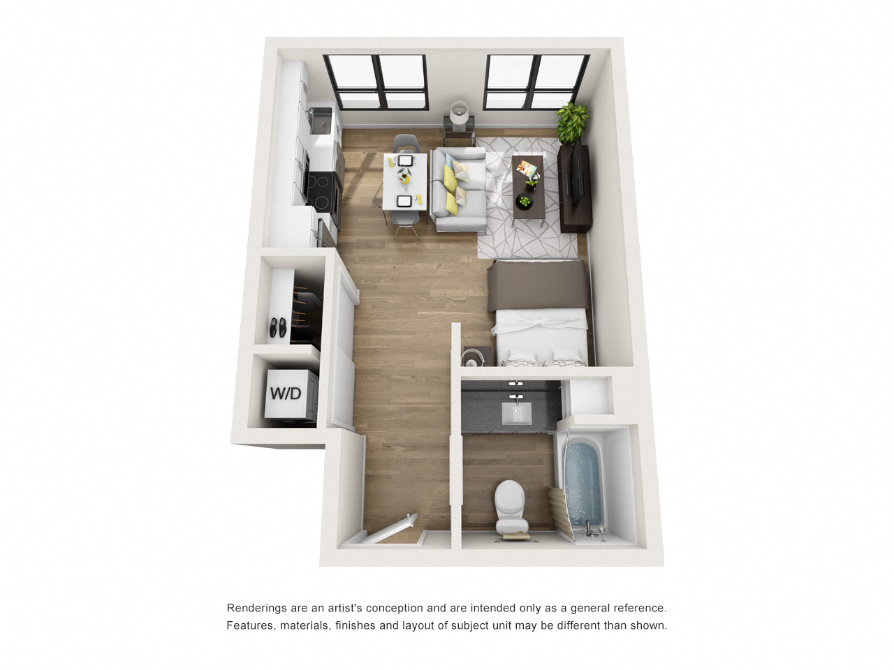 Floor plan for studio, 1 bath, 446 sqft